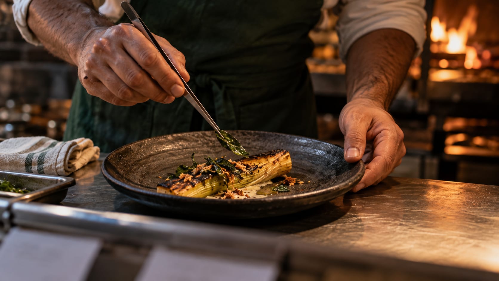 The chef’s hands placing a fried curry leaf on a charred leek at the pass
