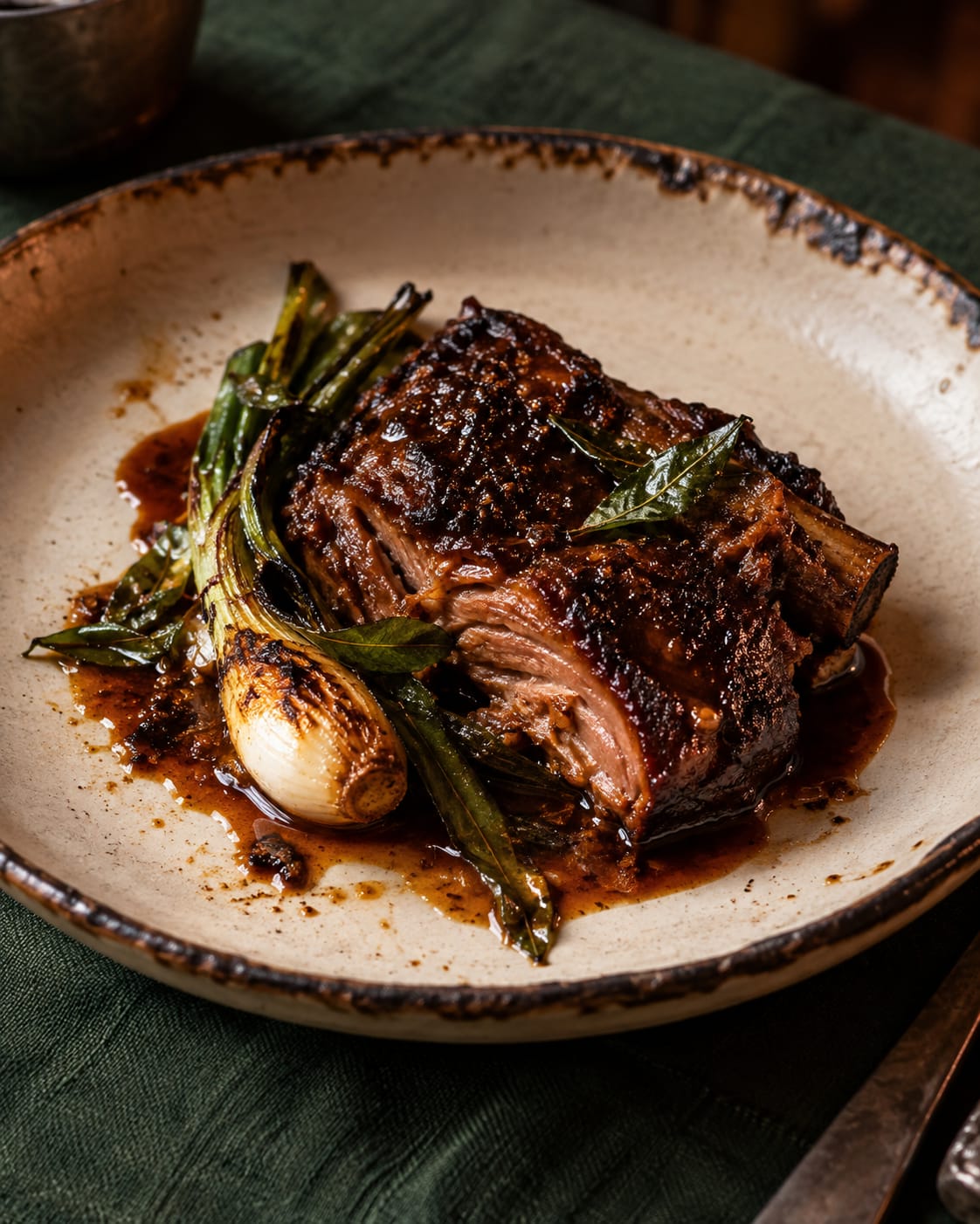 Lacquered smoked lamb neck with jus and charred spring onion