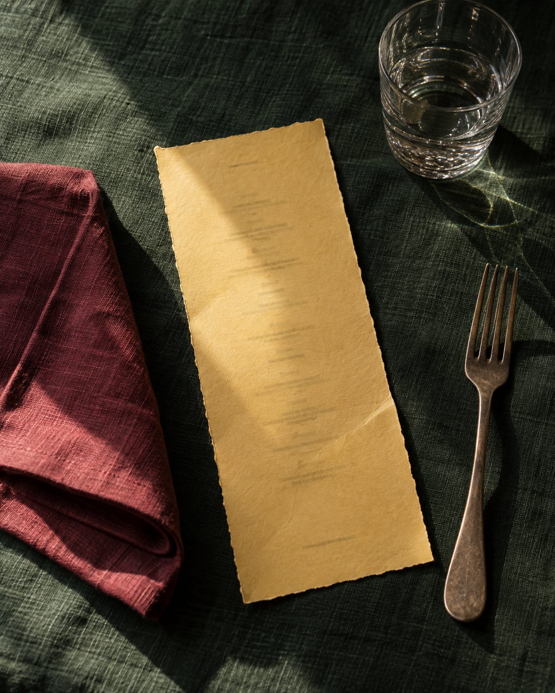The printed butter-yellow menu on a green tablecloth