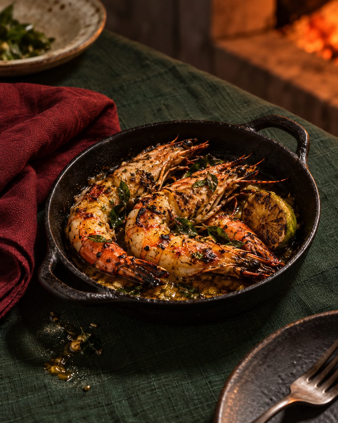 Grilled tiger prawns in a cast-iron dish with curry-leaf butter and burnt lime