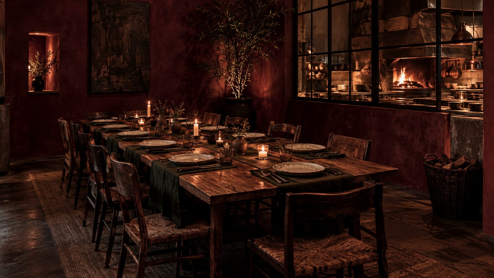 The Oxblood Room: a long oak table set for twelve by candlelight, the hearth glowing through the window