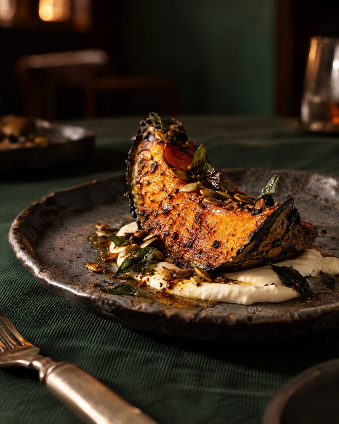 A blackened wedge of ash-roasted pumpkin on hung curd with curry leaves