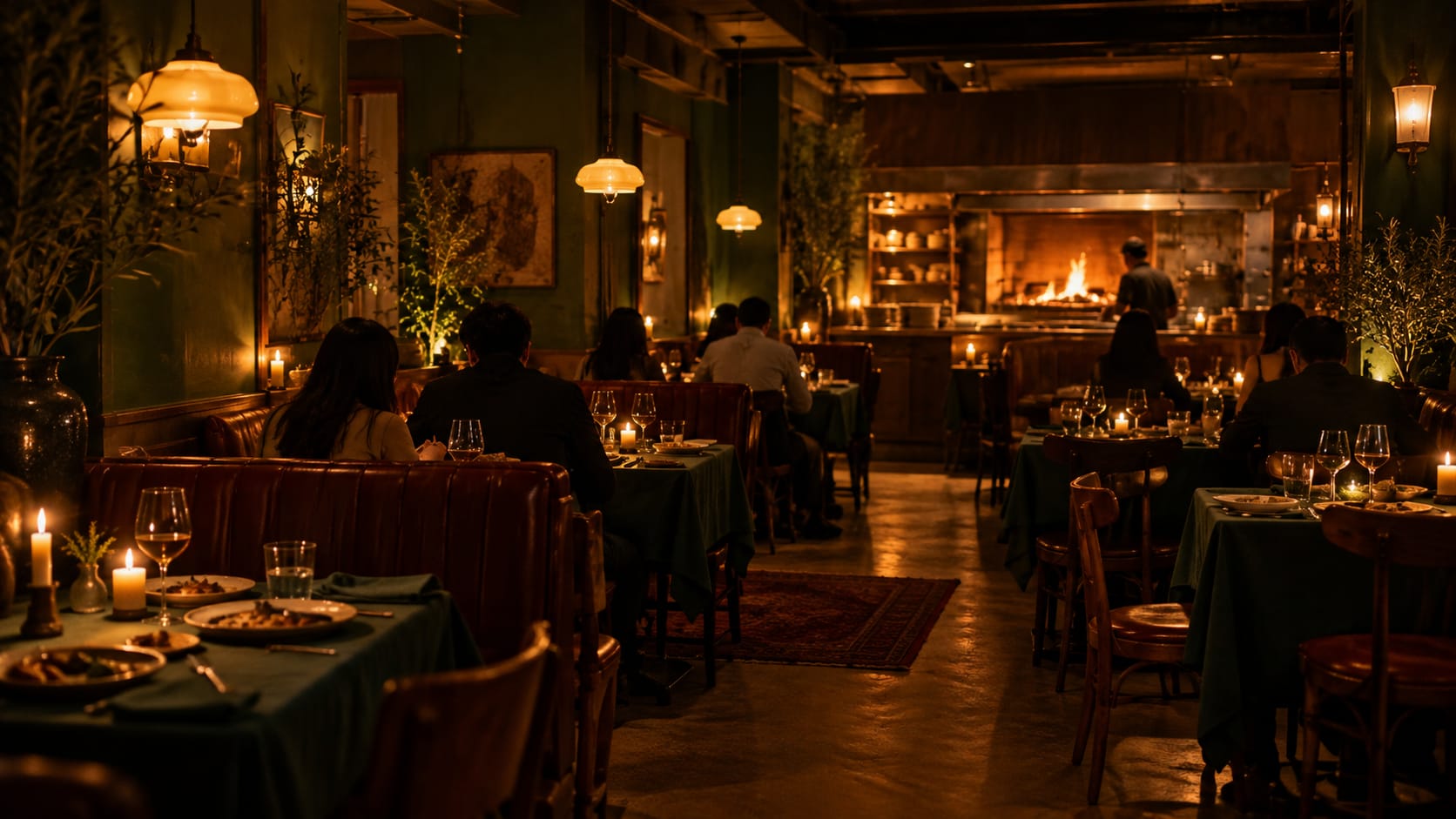 The dining room at service: green walls, oxblood banquettes and the hearth glowing at the far end