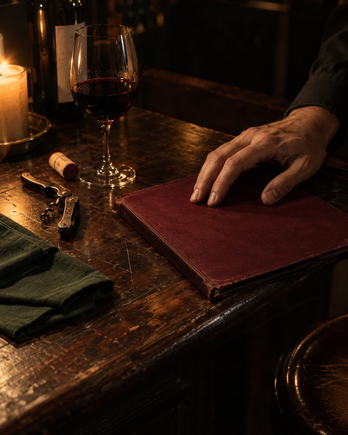 Red wine poured from an old decanter beside the oxblood wine list
